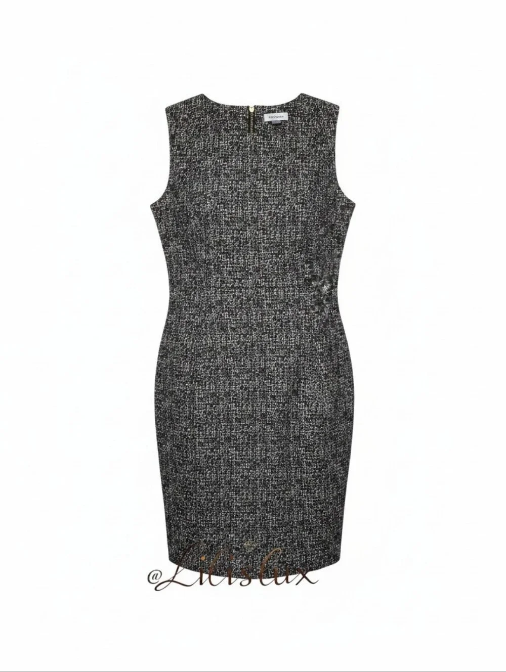 Calvin Klein Black White And Gold Tweed Sheath Dress Knee Length Size 14 GUC